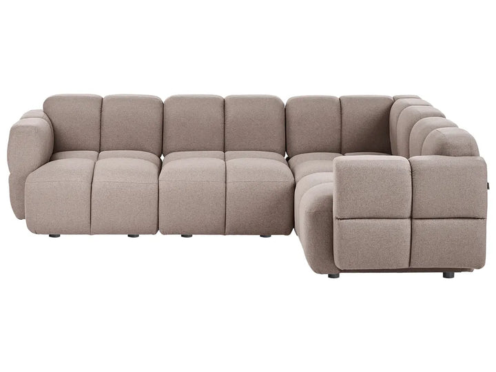 A modern modular sectional sofa upholstered in a textured taupe fabric, featuring a grid-like tufted design and a right-facing chaise lounge, shown against a plain white background.