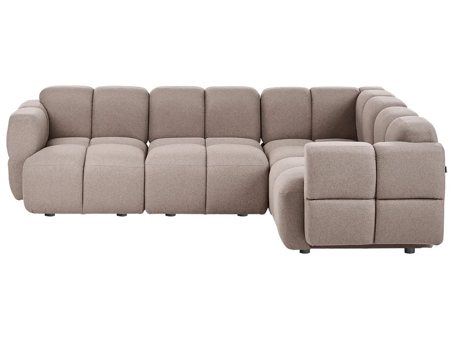 A modern modular sectional sofa upholstered in a textured taupe fabric, featuring a grid-like tufted design and a right-facing chaise lounge, shown against a plain white background.