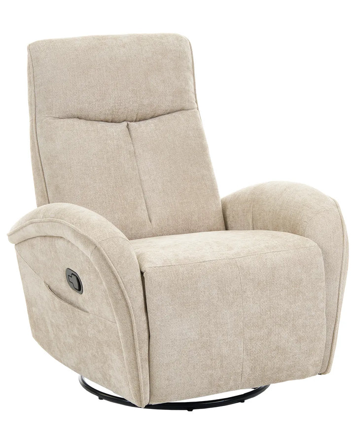 Beige fabric swivel recliner chair with a black circular base, shown on a plain white background.
