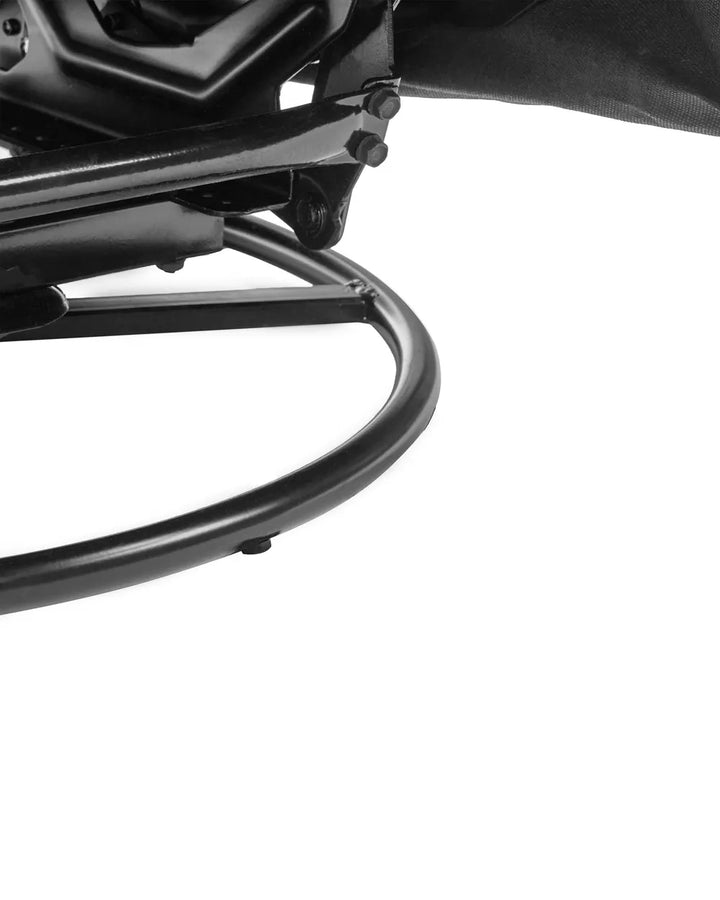 Close-up detail of a black metal frame component with a curved tubular bar and mounting hardware on a white background.
