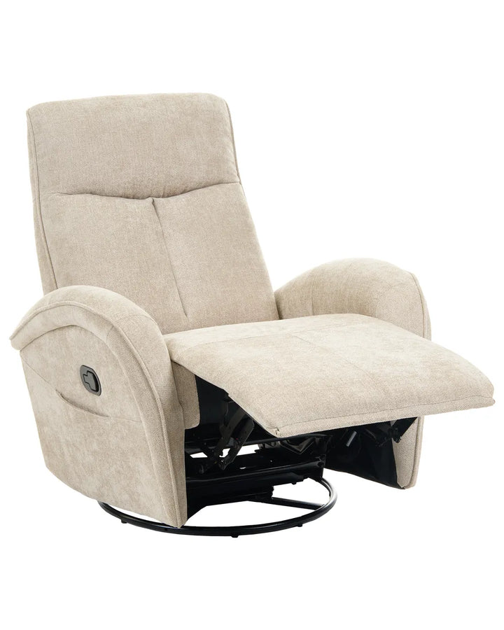 Beige upholstered recliner chair with extended footrest and black swivel base, shown on a plain white background.