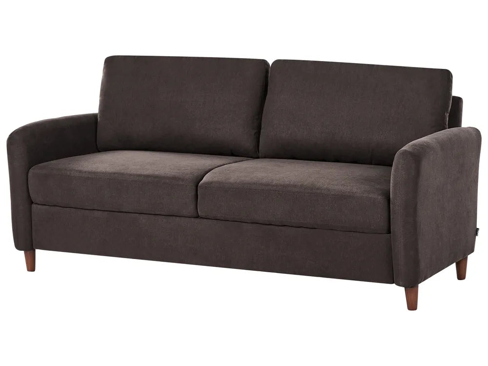A dark brown upholstered loveseat sofa with two seat cushions and two back cushions, shown on a plain white background.