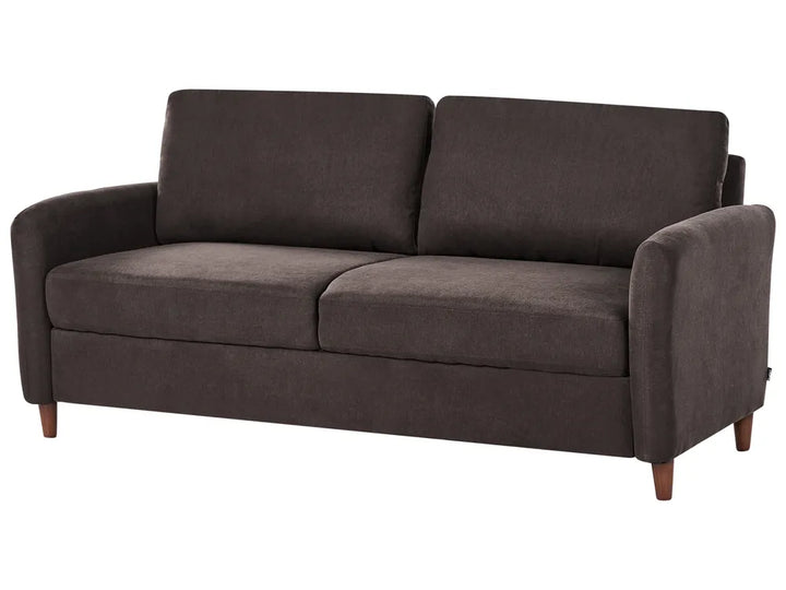 A dark brown upholstered loveseat sofa with two seat cushions and two back cushions, shown on a plain white background.