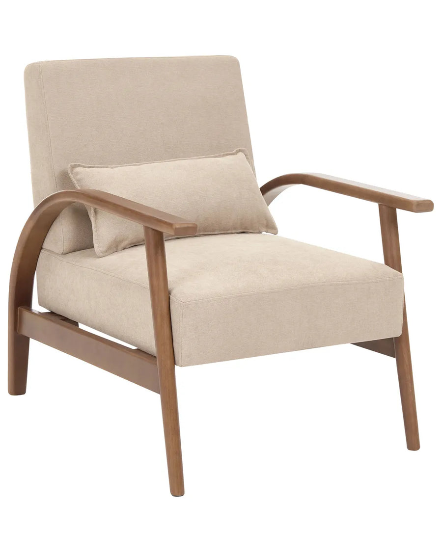 A modern armchair with beige fabric upholstery and a matching lumbar pillow, featuring curved medium-brown wooden arms and legs, shown against a plain white background.