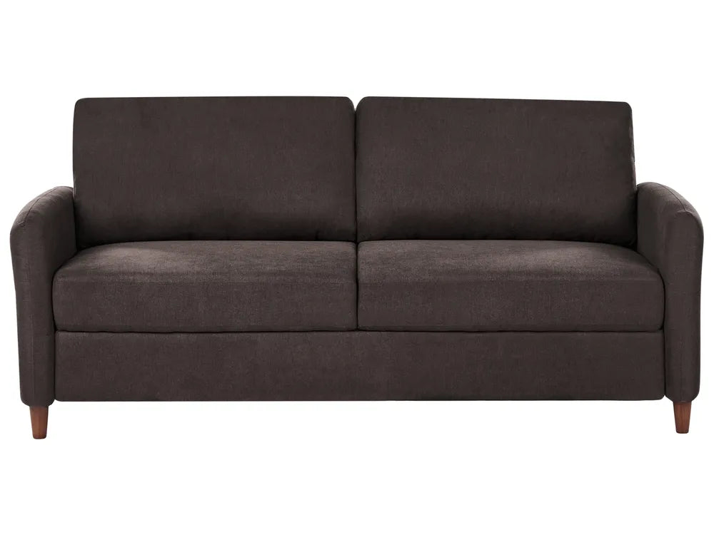 A dark brown upholstered loveseat sofa with two back cushions, two seat cushions, rolled arms, and short wooden legs, shown against a plain white background.