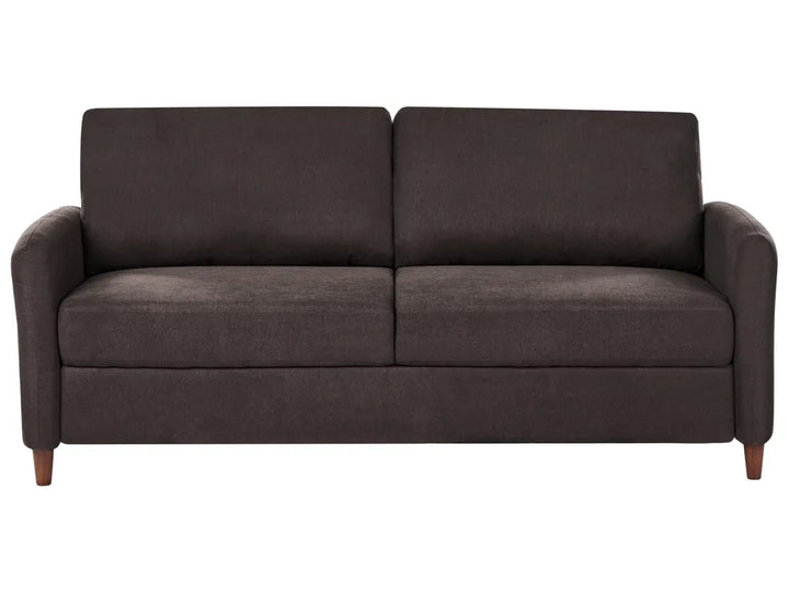 A dark brown upholstered loveseat sofa with two back cushions, two seat cushions, rolled arms, and short wooden legs, shown against a plain white background.