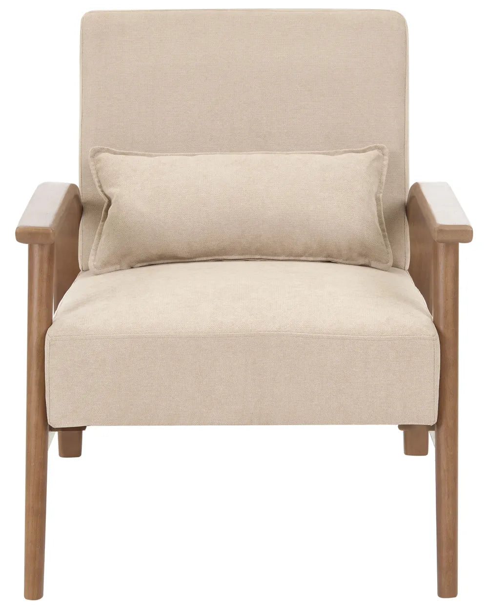 A modern armchair with beige textured fabric upholstery and a matching lumbar pillow, supported by a light brown wooden frame with tapered legs.