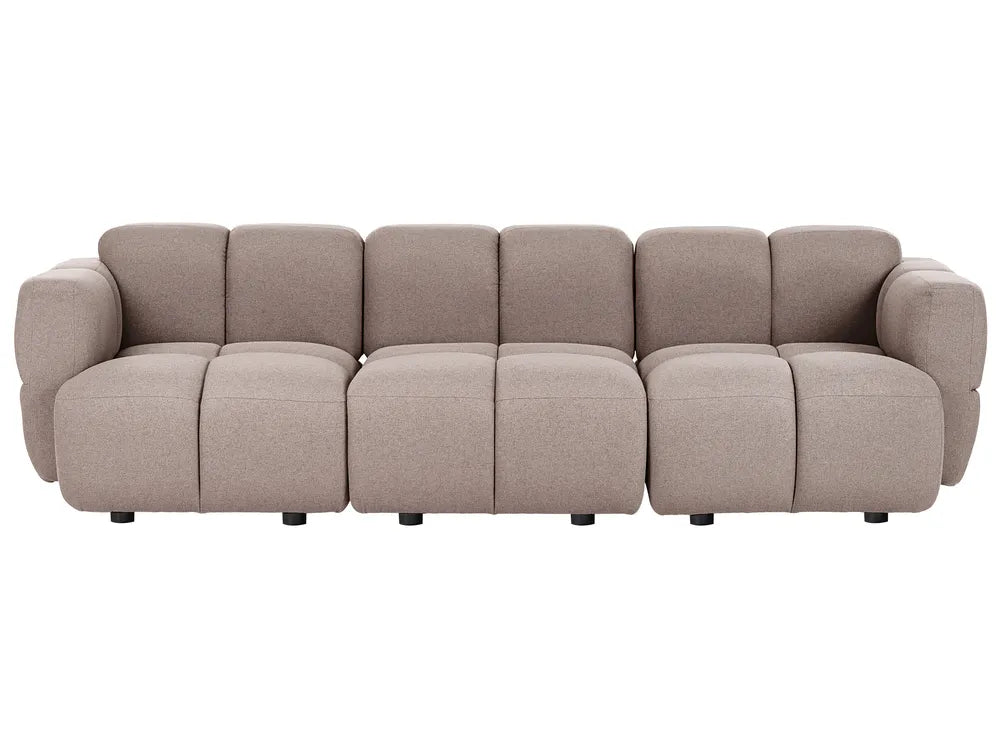 A modern modular sectional sofa upholstered in a textured taupe fabric, featuring a unique segmented, bubble-like cushion design and rounded armrests, shown against a plain white background.