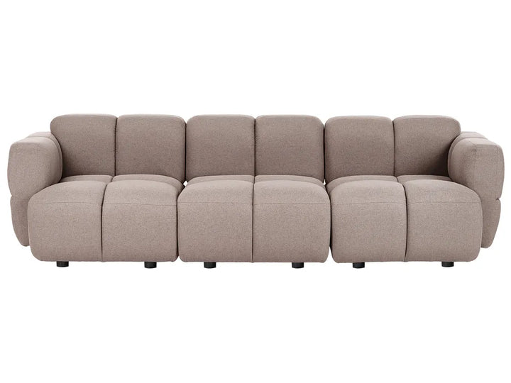 A modern modular sectional sofa upholstered in a textured taupe fabric, featuring a unique segmented, bubble-like cushion design and rounded armrests, shown against a plain white background.