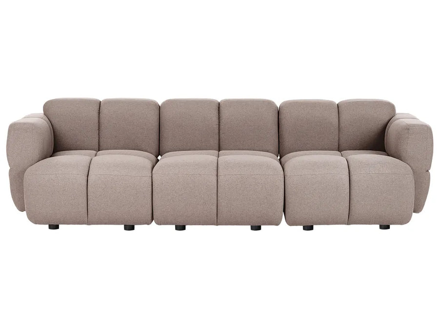 A modern modular sectional sofa upholstered in a textured taupe fabric, featuring a unique segmented, bubble-like cushion design and rounded armrests, shown against a plain white background.