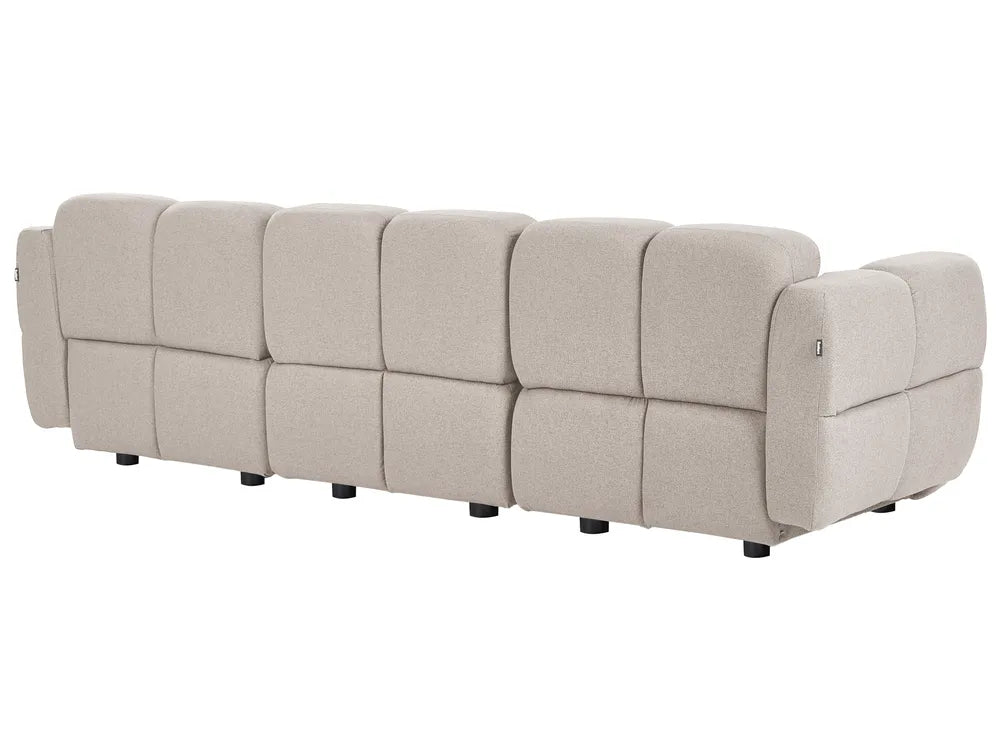A modern power reclining sofa upholstered in a textured light beige fabric, shown from a three-quarters angle against a solid white background.