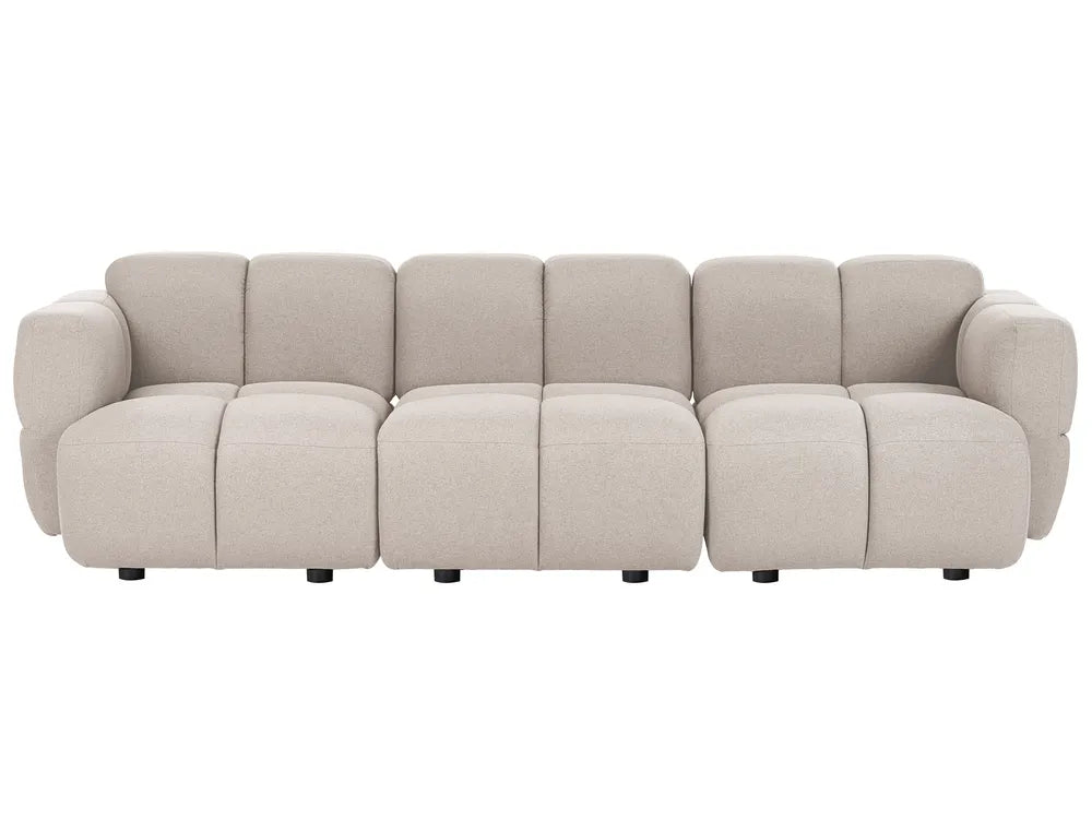 A modern modular sectional sofa upholstered in a light beige textured fabric, featuring a unique segmented, bubble-like cushion design and rounded armrests, shown against a plain white background.