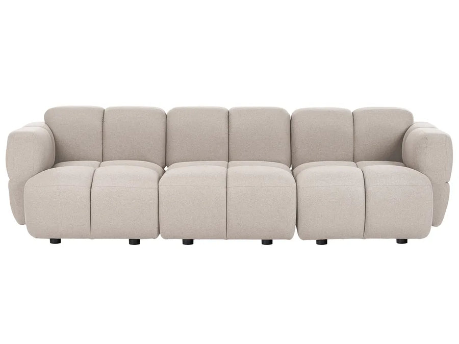 A modern modular sectional sofa upholstered in a light beige textured fabric, featuring a unique segmented, bubble-like cushion design and rounded armrests, shown against a plain white background.