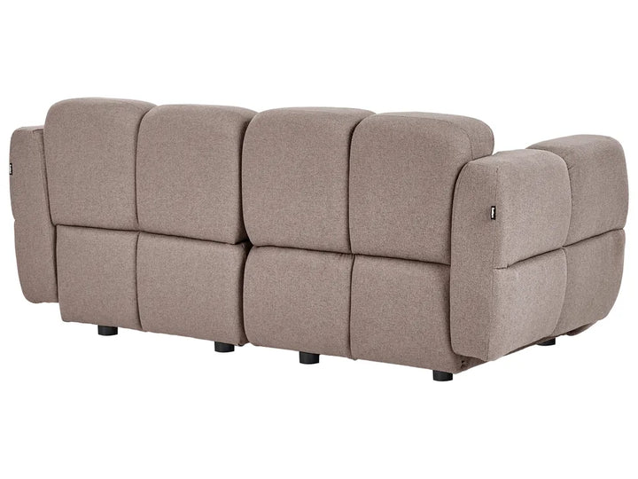 A modern upholstered reclining sofa in a textured taupe fabric, featuring segmented back cushions and a wide armrest, shown against a plain white background.