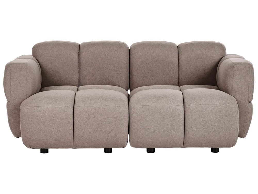 A modern two-seater sofa upholstered in a textured taupe fabric, featuring a unique segmented, blocky design with wide armrests and small black feet, shown against a plain white background.