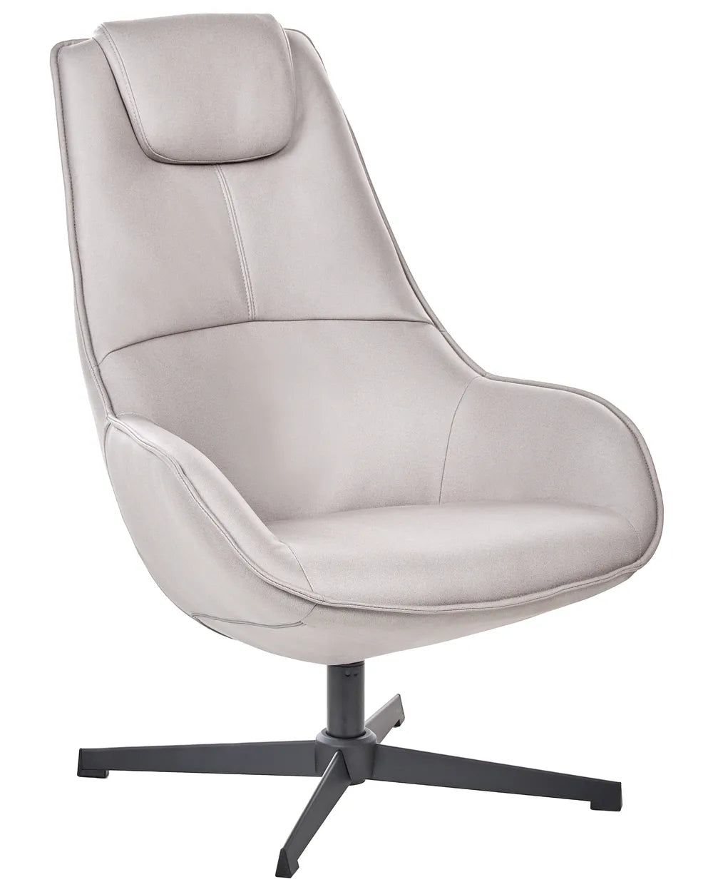 A modern high-back swivel office chair upholstered in light beige fabric, featuring a padded headrest and a black five-star base, shown against a plain white background.