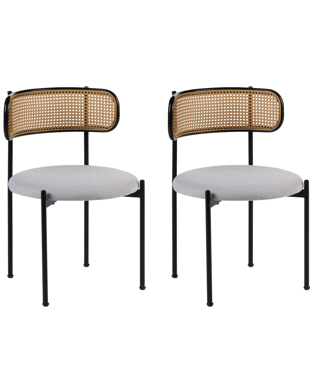 Two matching dining chairs with light gray upholstered seats, natural woven cane backrests, and black metal frames, shown on a plain white background.