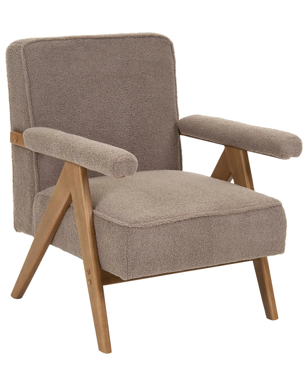 A mid-century modern accent chair with a textured taupe-brown bouclé fabric upholstery and natural wood legs and armrest supports, shown on a plain white background.