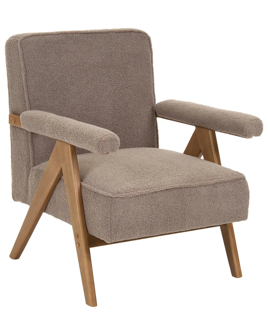 A mid-century modern accent chair with a textured taupe-brown bouclé fabric upholstery and natural wood legs and armrest supports, shown on a plain white background.