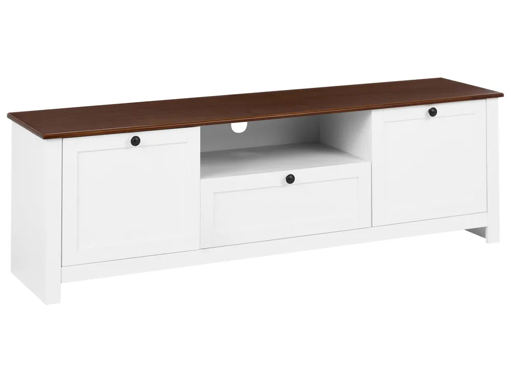 A modern media console with a white painted body, a dark brown wood-grain top, a central open shelf, and a lower drawer, shown on a plain white background.