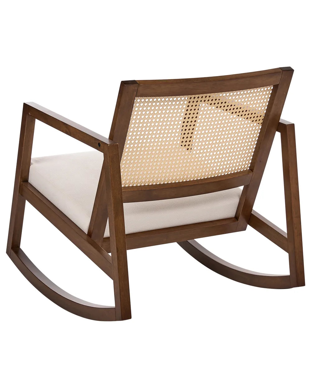 A mid-century modern wooden rocking chair with a dark brown frame, woven cane backrest, and cream-colored seat cushion, shown from a three-quarters angle on a white background.