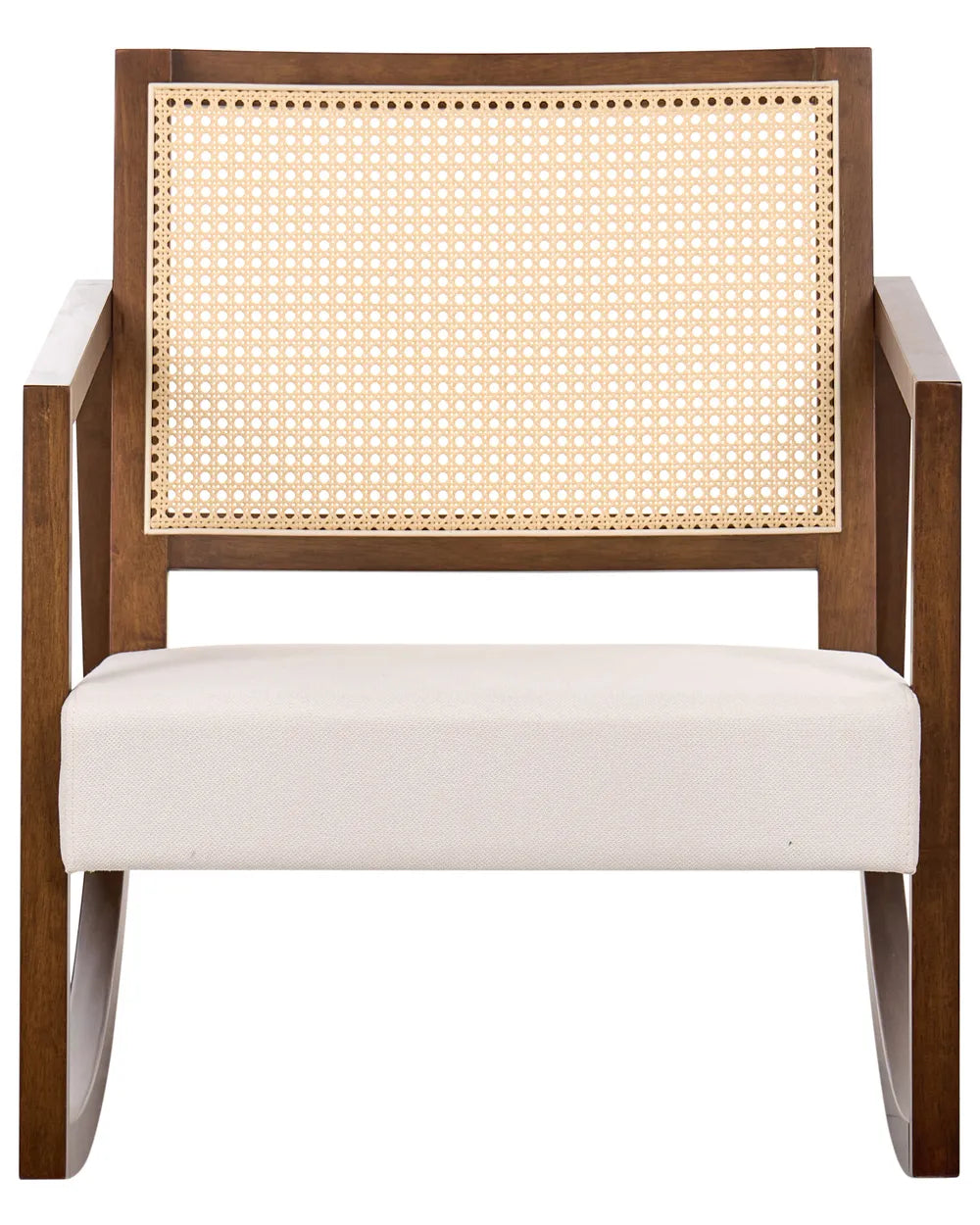 A modern wooden armchair with a cream upholstered seat cushion and a natural cane backrest, shown against a plain white background.