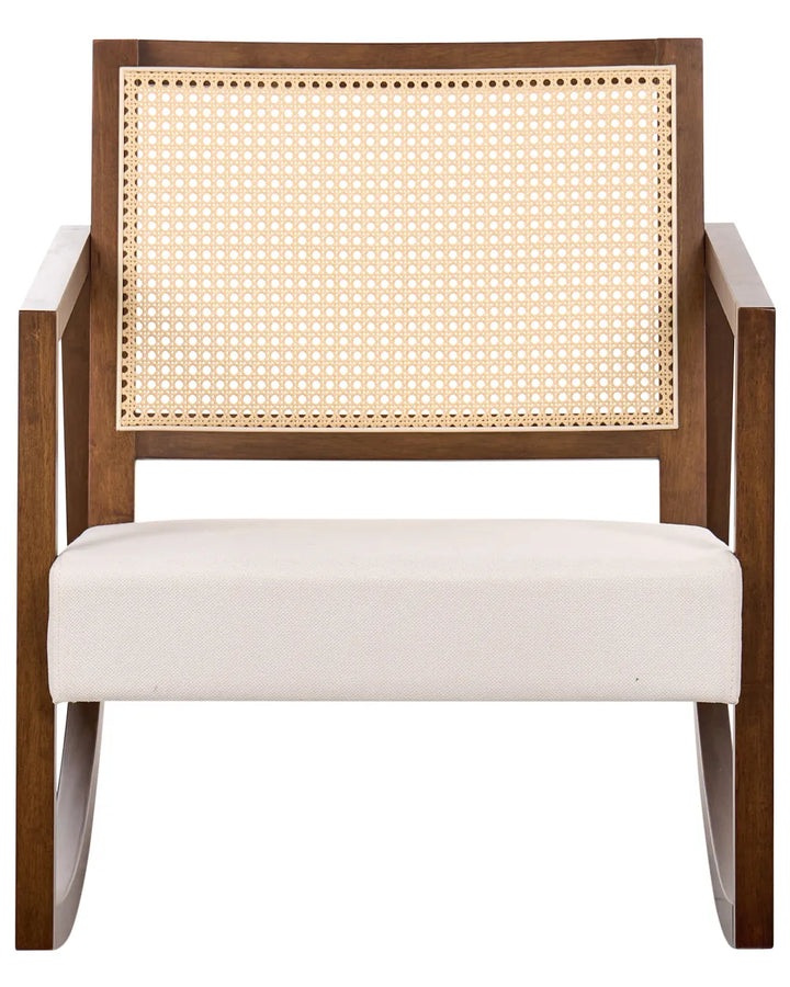 A modern wooden armchair with a cream upholstered seat cushion and a natural cane backrest, shown against a plain white background.