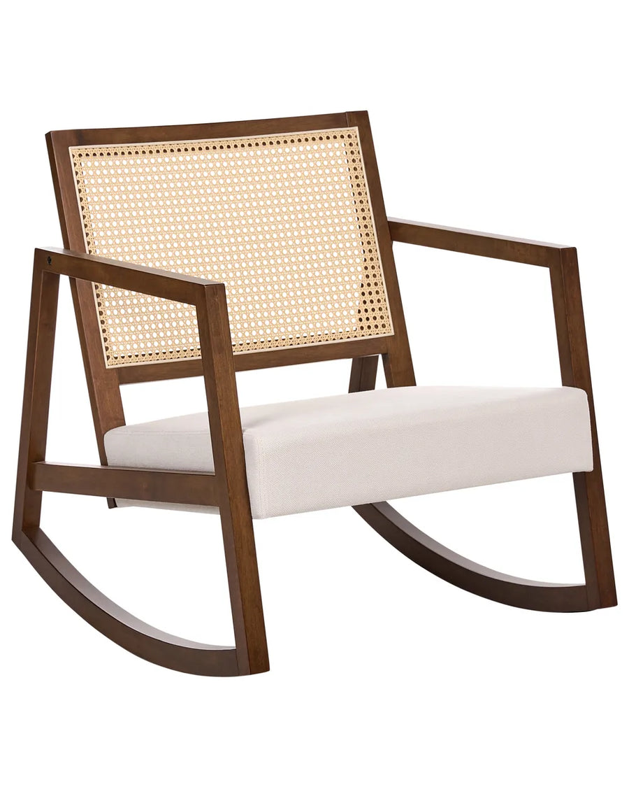 Wooden rocking chair with wicker backrest and white cushion on a white background