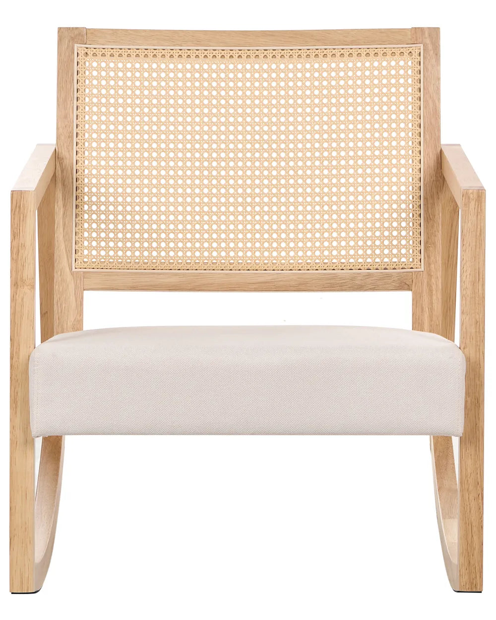 A modern wooden armchair with a light natural wood frame, a woven cane backrest, and a cream-colored upholstered seat cushion, shown against a plain white background.