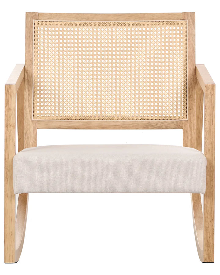A modern wooden armchair with a light natural wood frame, a woven cane backrest, and a cream-colored upholstered seat cushion, shown against a plain white background.