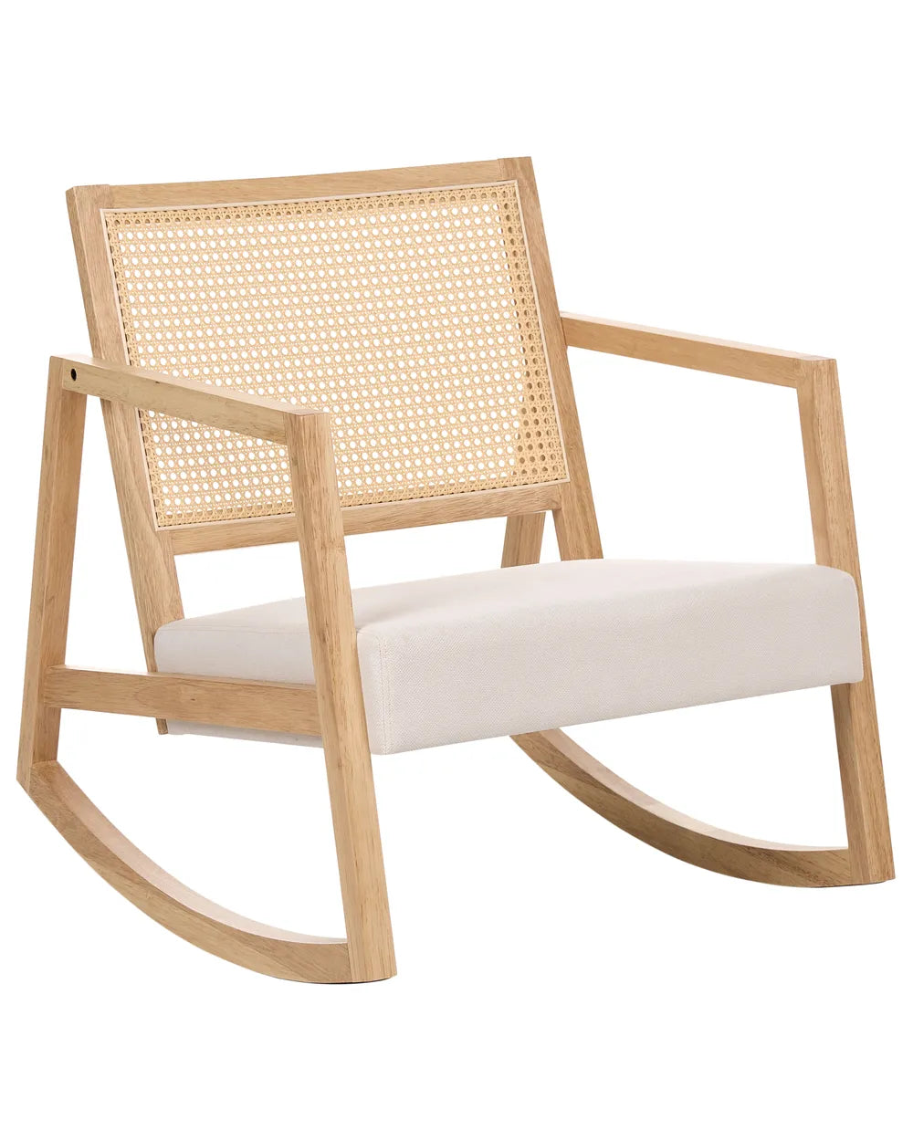A modern wooden armchair with a light natural wood frame, a woven cane backrest, and a cream-colored upholstered seat cushion, shown against a plain white background.