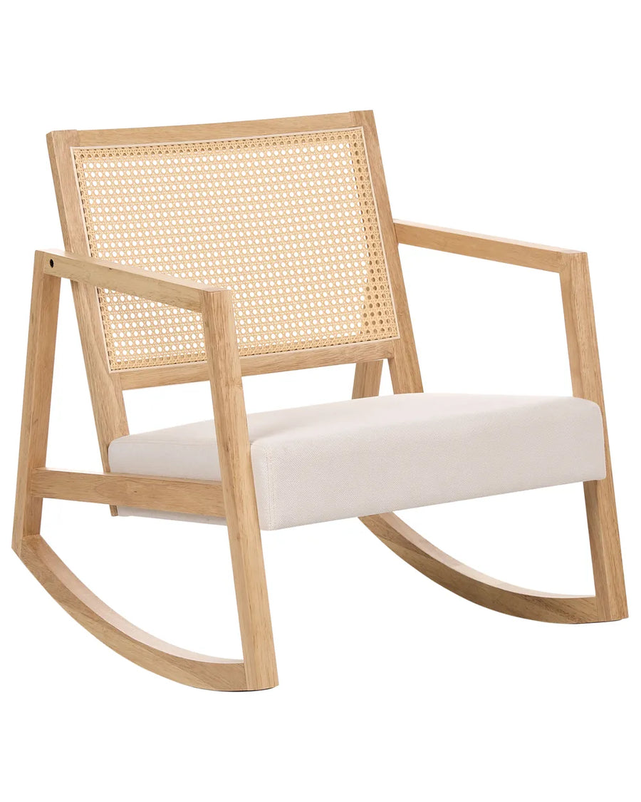 A modern wooden armchair with a light natural wood frame, a woven cane backrest, and a cream-colored upholstered seat cushion, shown against a plain white background.