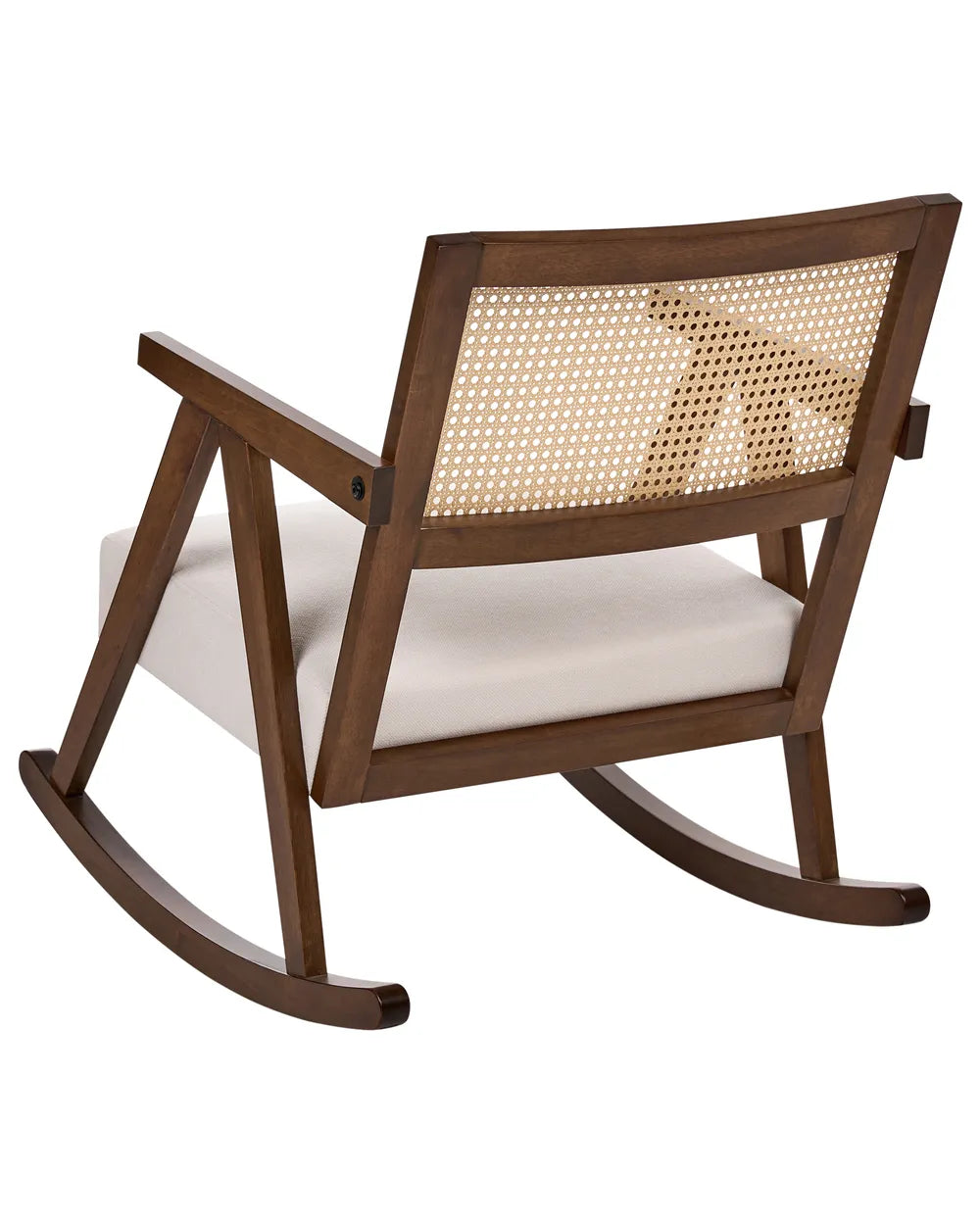Wooden rocking chair with a woven backrest on a white background
