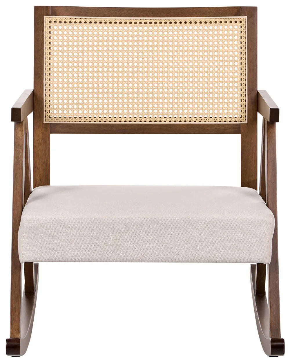 Rattan armchair with wooden frame and beige cushion on a white background
