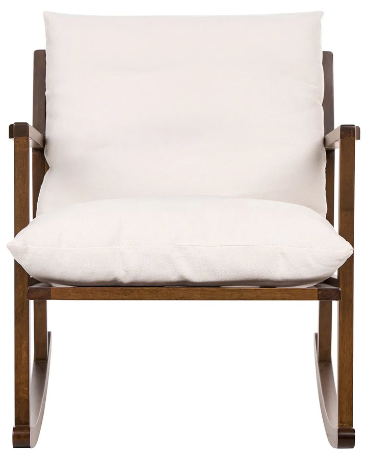 A wooden rocking chair with a tall backrest cushion and a seat cushion in off-white fabric, shown against a plain white background.