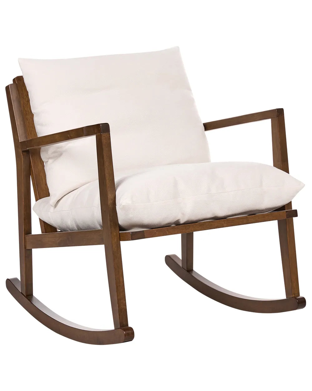 Wooden rocking chair with white cushions on a white background