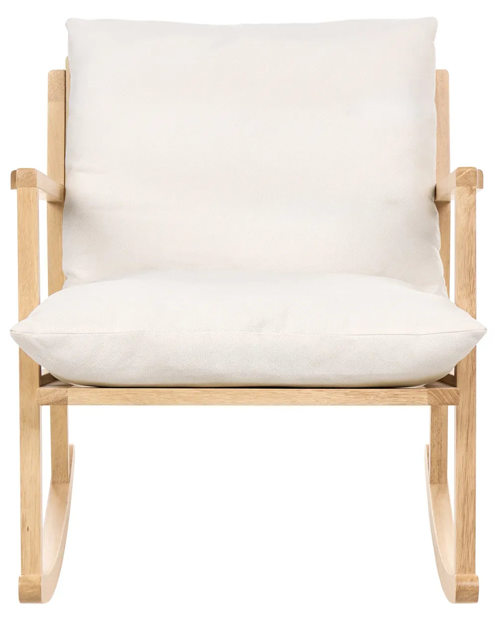 A light natural wood rocking chair with thick, plush off-white cushions on a solid white background.