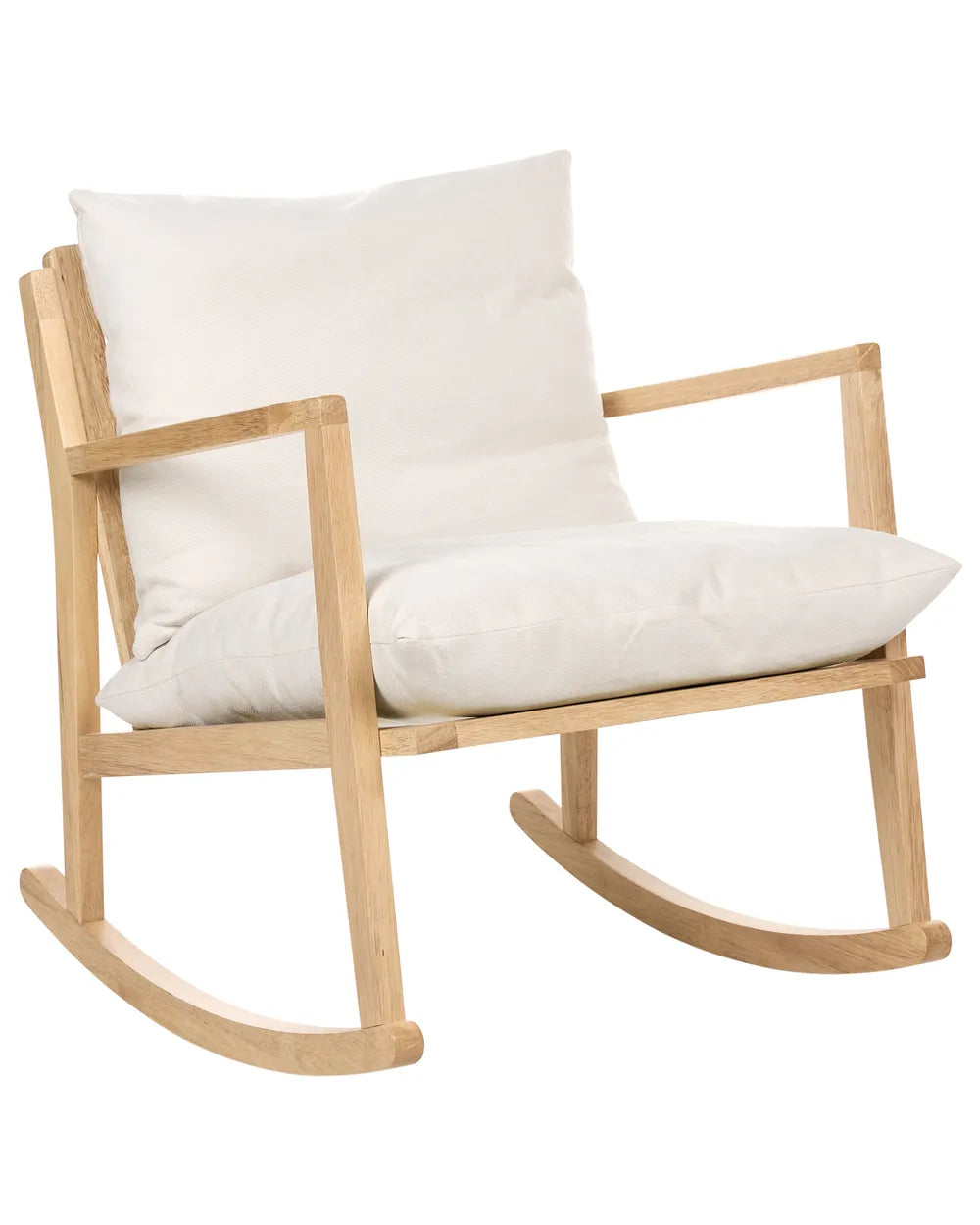 Wooden rocking chair with white cushions on a white background