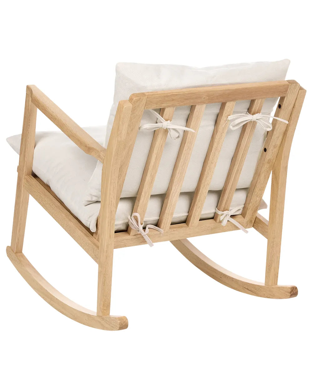 Wooden rocking chair with white cushions on a white background