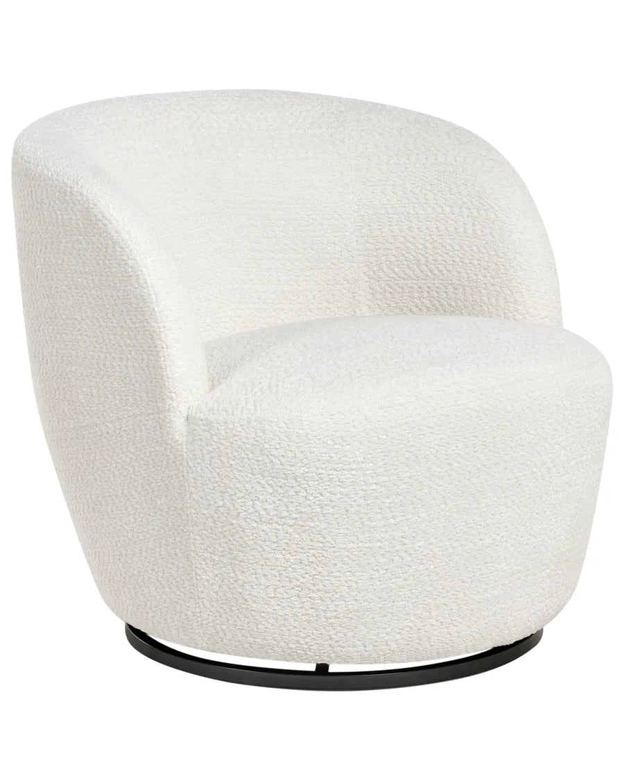 A modern barrel-style accent chair upholstered in a textured off-white bouclé fabric, featuring a rounded backrest and seat, mounted on a black circular swivel base against a plain white background.