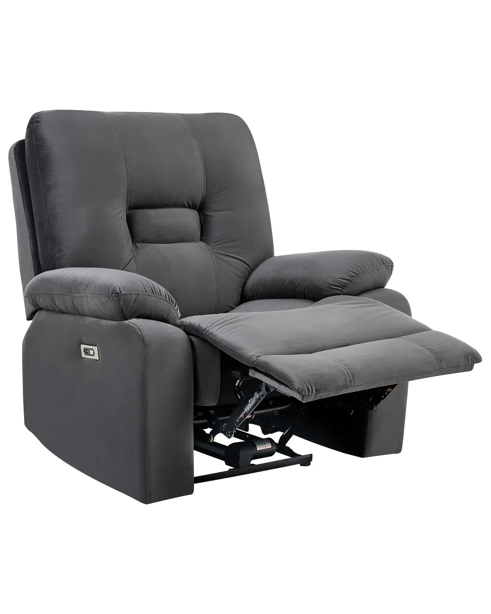 A dark gray upholstered recliner chair with the footrest extended, shown against a plain white background.