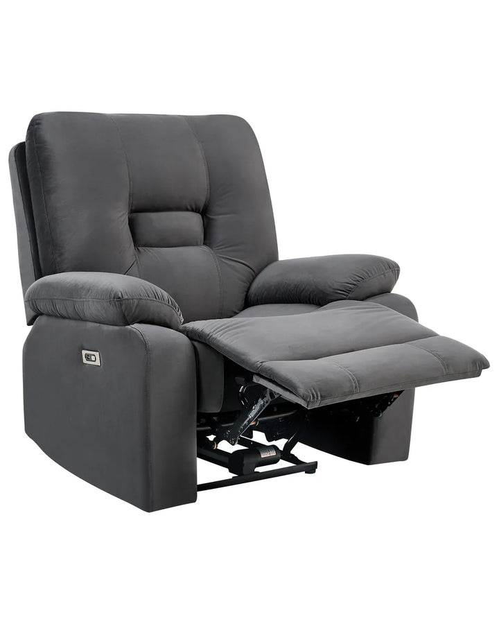 A dark gray upholstered recliner chair with the footrest extended, shown against a plain white background.