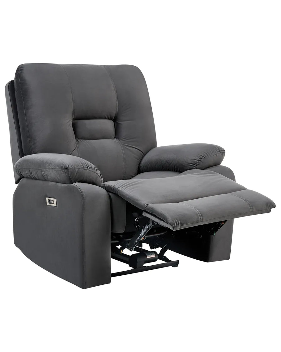 A dark gray upholstered recliner chair with the footrest extended, shown against a plain white background.