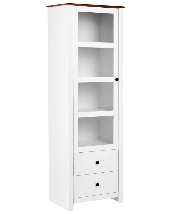 A tall white storage cabinet with a glass-front upper section, four open shelves, a closed door with a small black knob, and two drawers at the bottom with round black knobs, shown on a plain white background.