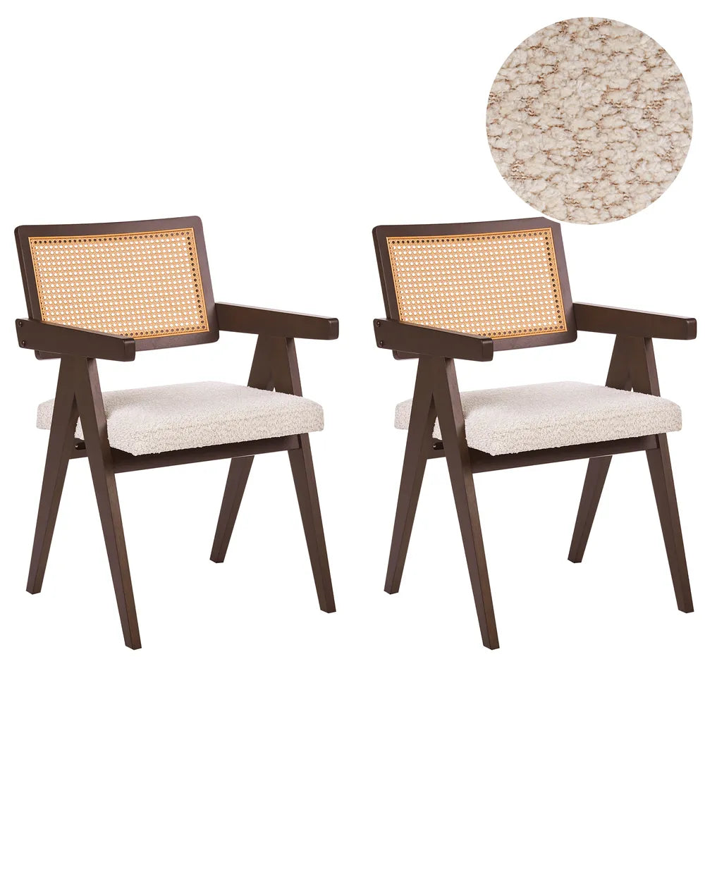 Two wooden chairs with wicker backrests and white cushions on a white background.
