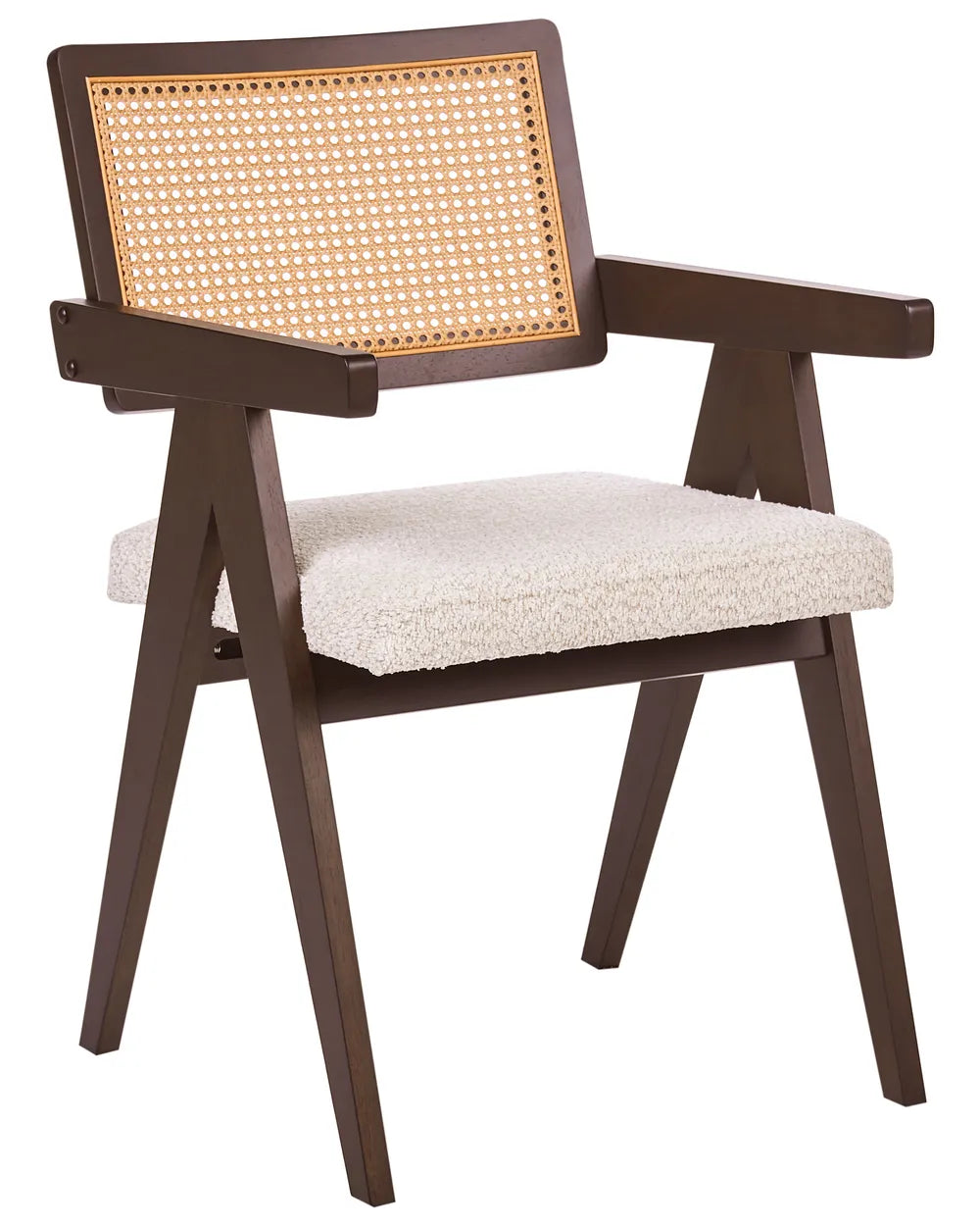 A mid-century modern armchair with a dark brown wooden frame, a woven cane backrest, and a textured cream bouclé seat cushion, shown on a plain white background.