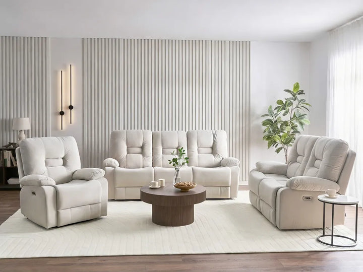 Modern living room with beige recliner chairs and a coffee table.