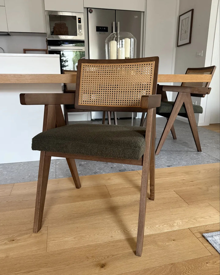 Wooden chair with wicker backrest in a kitchen setting