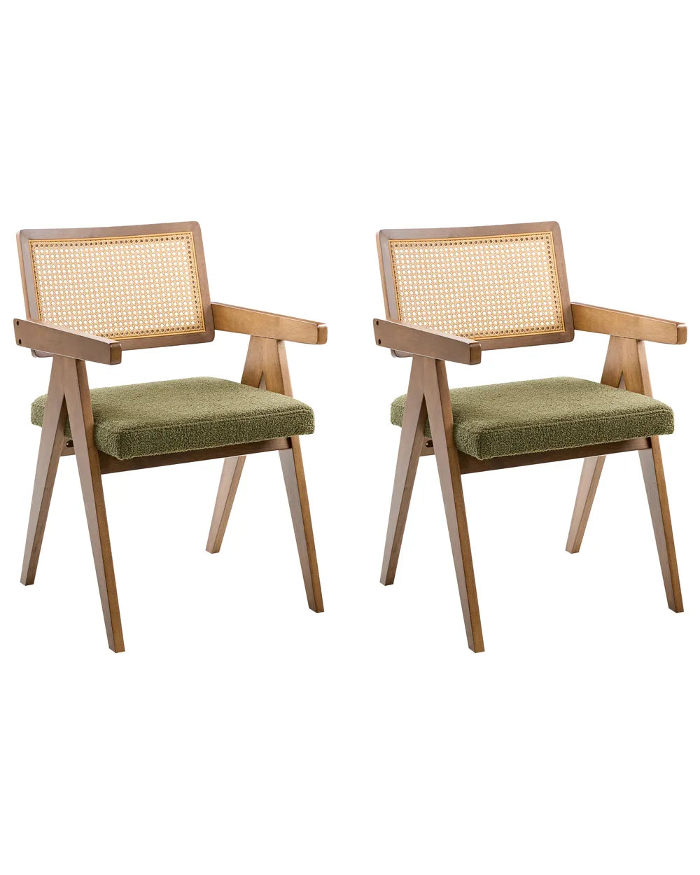 Two matching mid-century modern dining chairs with light oak frames, woven cane backrests, and olive green upholstered seats, shown on a plain white background.