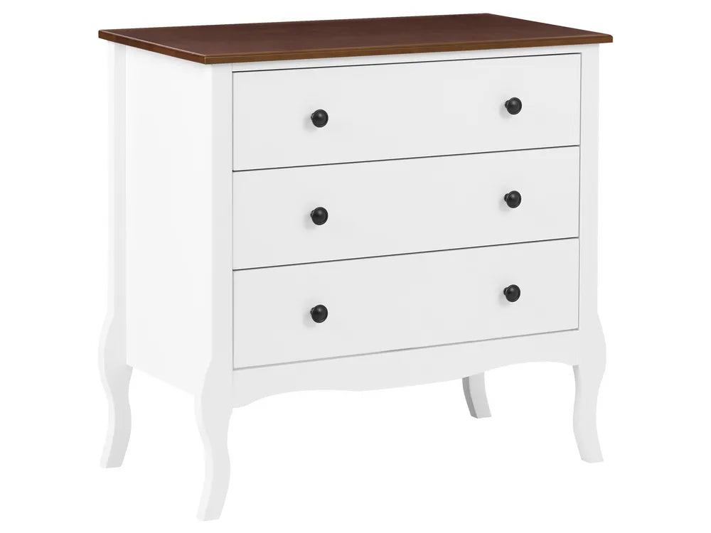 A three-drawer chest of drawers with a white body, curved cabriole-style legs, and a dark brown wood top, featuring small round black knobs.